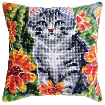 Grey Cat & Flowers Needlepoint Cushion Kit